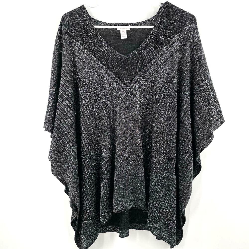 Chico's Women's Poncho, Black & Silver Metallic, Sz. S/M Sparkle Boxy Semi-Sheer